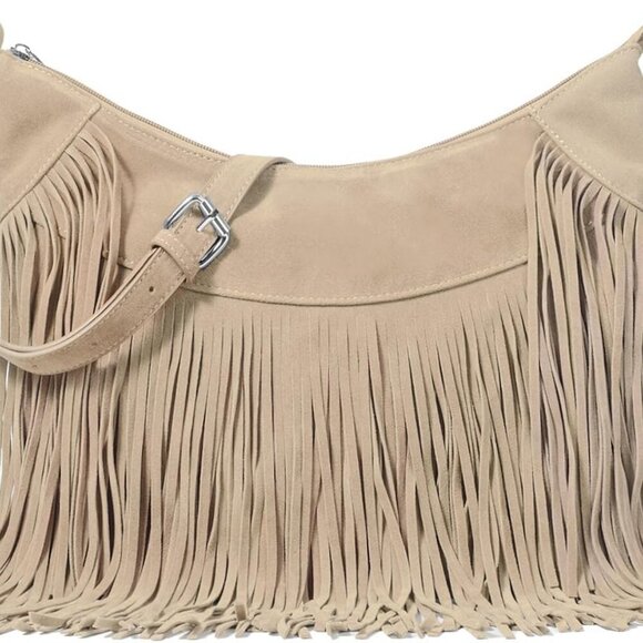 Classic 70s Style Fringe Shoulder Bag - Medium Vegan Suede Purse for Daily Use - Picture 1 of 6